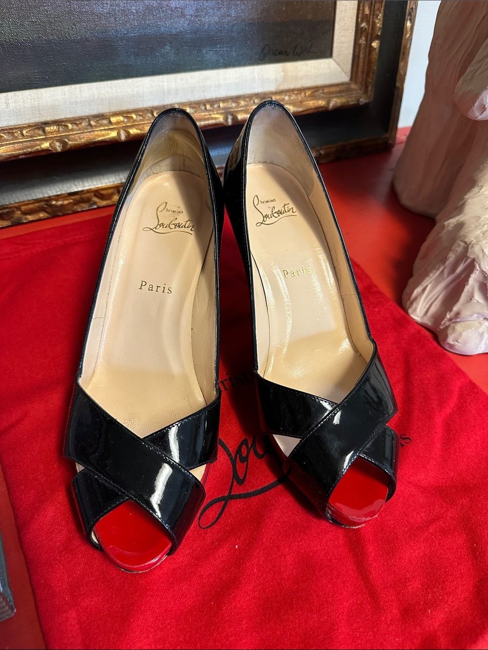 Christian Louboutin Black Patent Leather Peep-Toe Pumps with Red Soles
